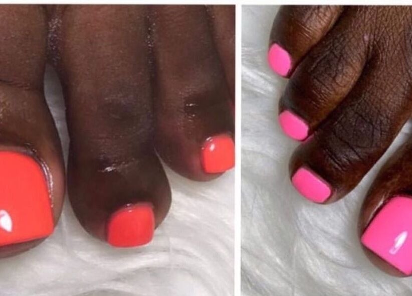 Bright nail polish on toes at Bling Box Nails 246 in Bridgetown, Saint Michael, BB.