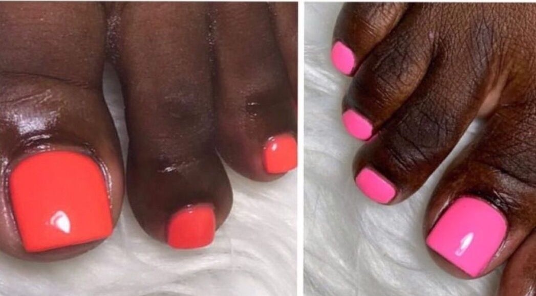 Bright nail polish on toes at Bling Box Nails 246 in Bridgetown, Saint Michael, BB.