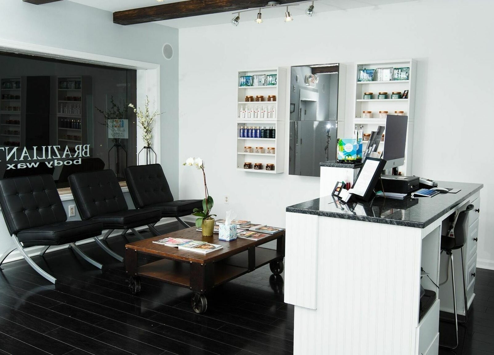 Chic sitting area and reception at Braziliant Body Waxing, Ridgefield, Connecticut, US.