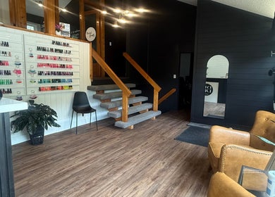 Stylish salon entrance featuring a nail polish display at Beauty Basics by Amy, Minden, Ontario, CA.