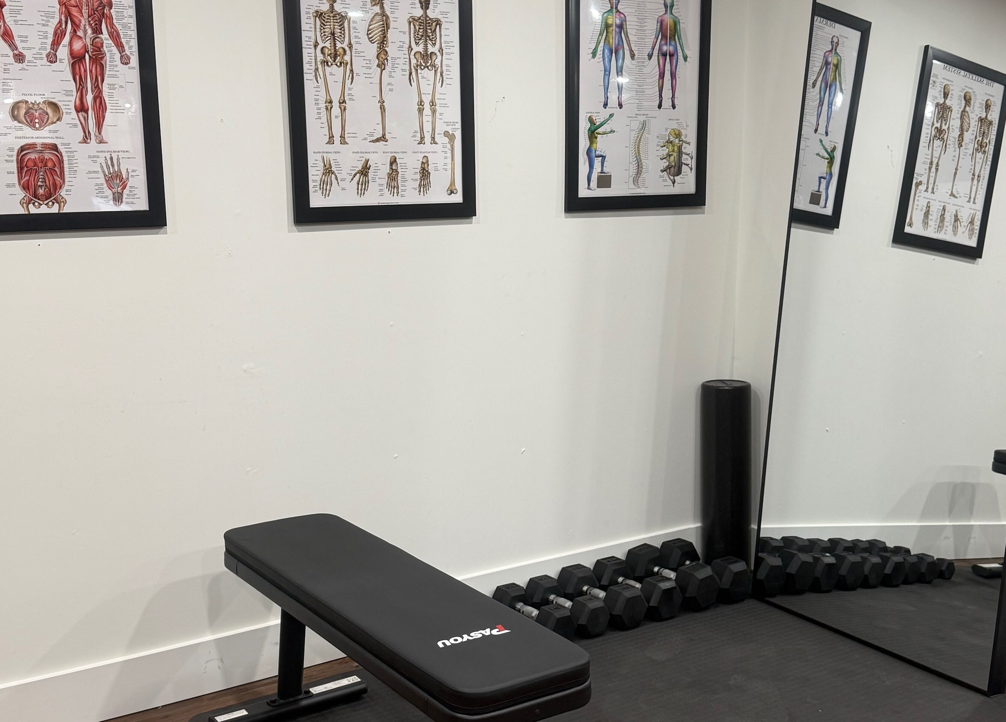 Exercise room with anatomical posters at Beauty Basics by Amy in Minden, Ontario, CA.