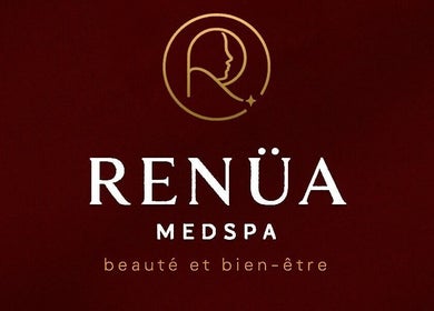 Renüa Medspa logo on rich maroon background, Mascouche, Quebec, CA.
