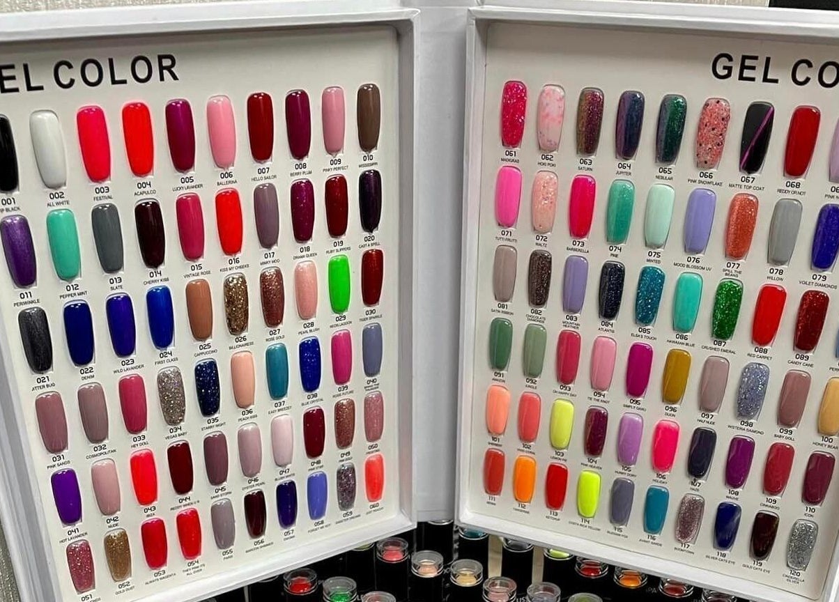 Display of vibrant gel nail colors at Polished of Swinton, Swinton, England, GB for manicures.