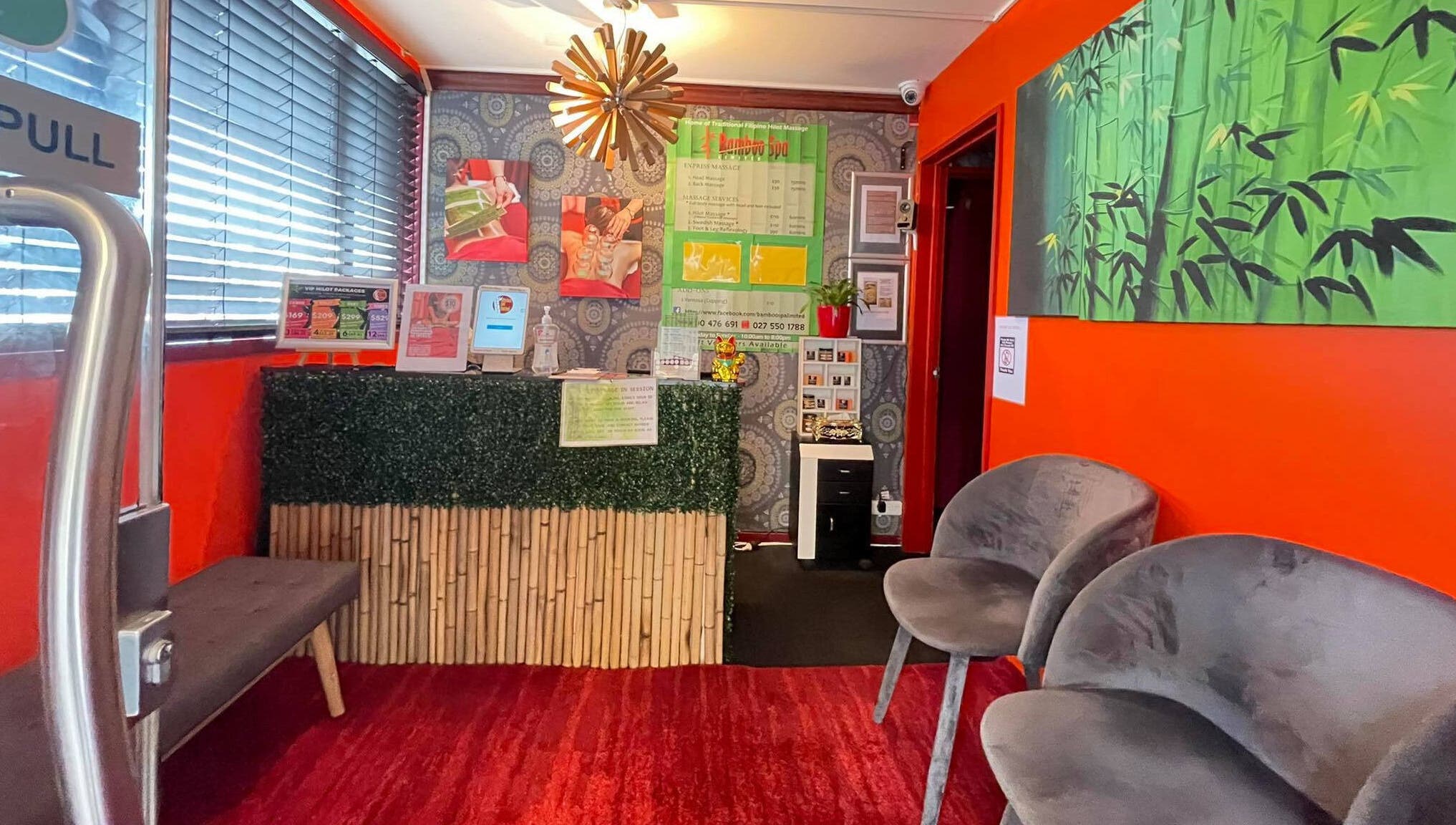 Welcome area of Bamboo Spa Christchurch Central, featuring bamboo decor and seating, Christchurch, Canterbury, NZ.