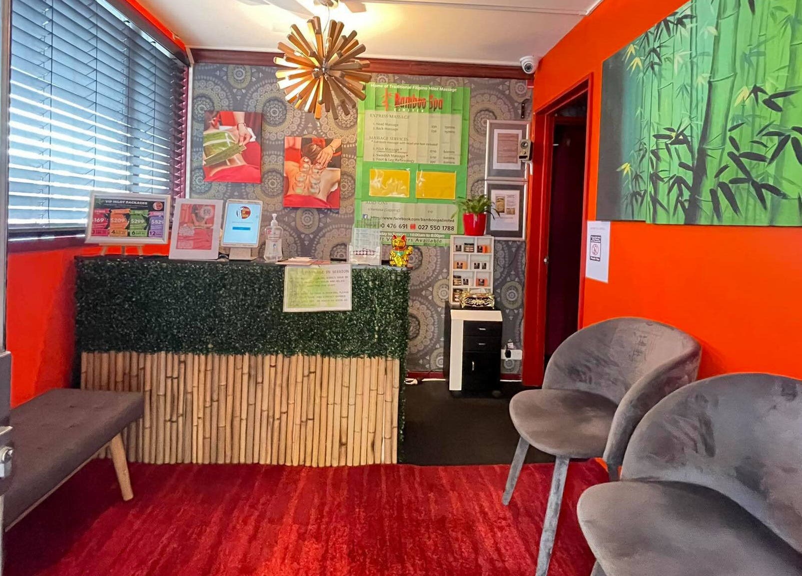 Welcome area of Bamboo Spa Christchurch Central, featuring bamboo decor and seating, Christchurch, Canterbury, NZ.