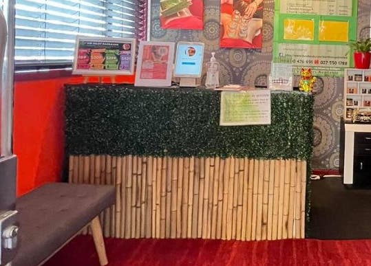 Reception area of Bamboo Spa Christchurch Central with bamboo decor, Christchurch, Canterbury, NZ.