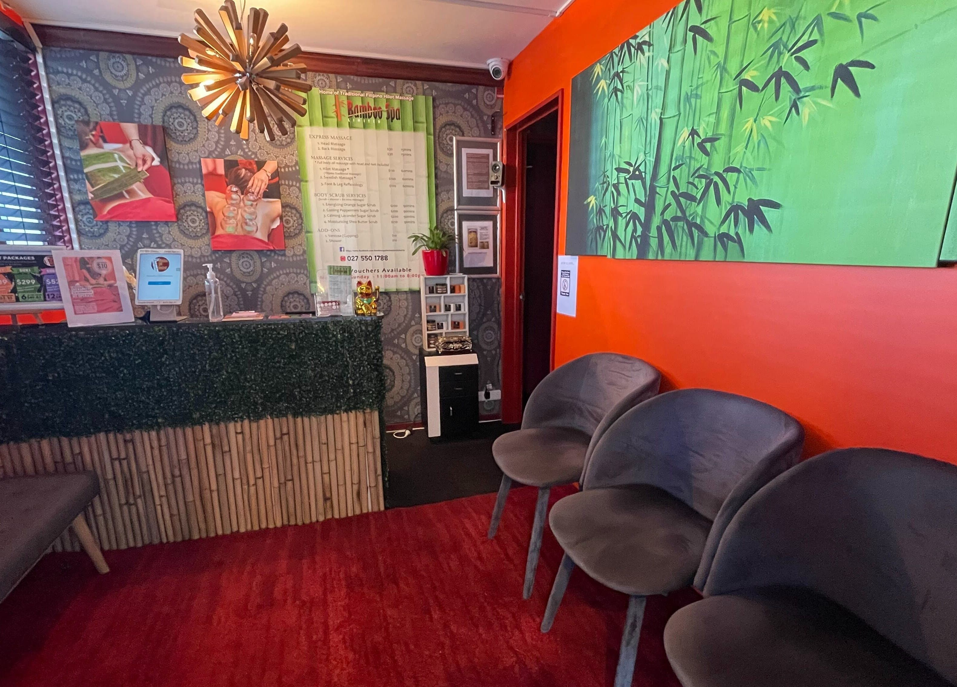 Welcoming reception at Bamboo Spa Christchurch Central, Christchurch, Canterbury, NZ with lush bamboo decor.