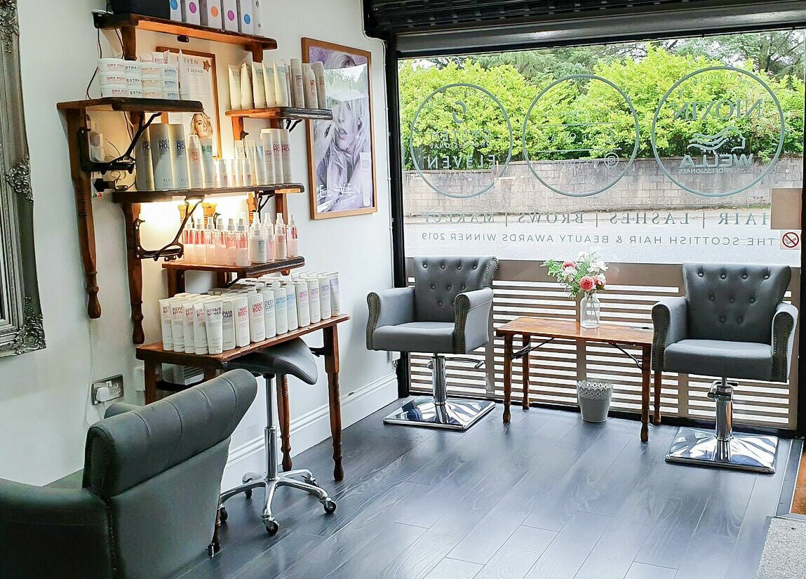 Stylish interior of 110 On Ayr Hair Salon in Glasgow, Scotland, GB, featuring chic decor and hair products.