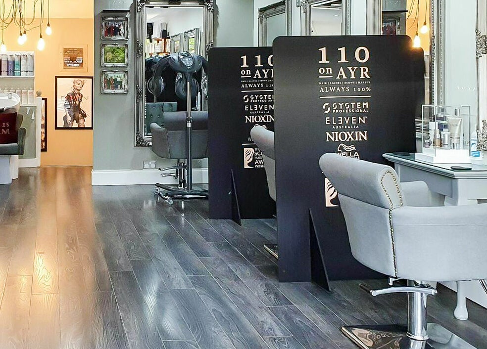 Interior of 110 On Ayr Hair Salon in Glasgow, Scotland, GB showcasing modern decor and styling stations.