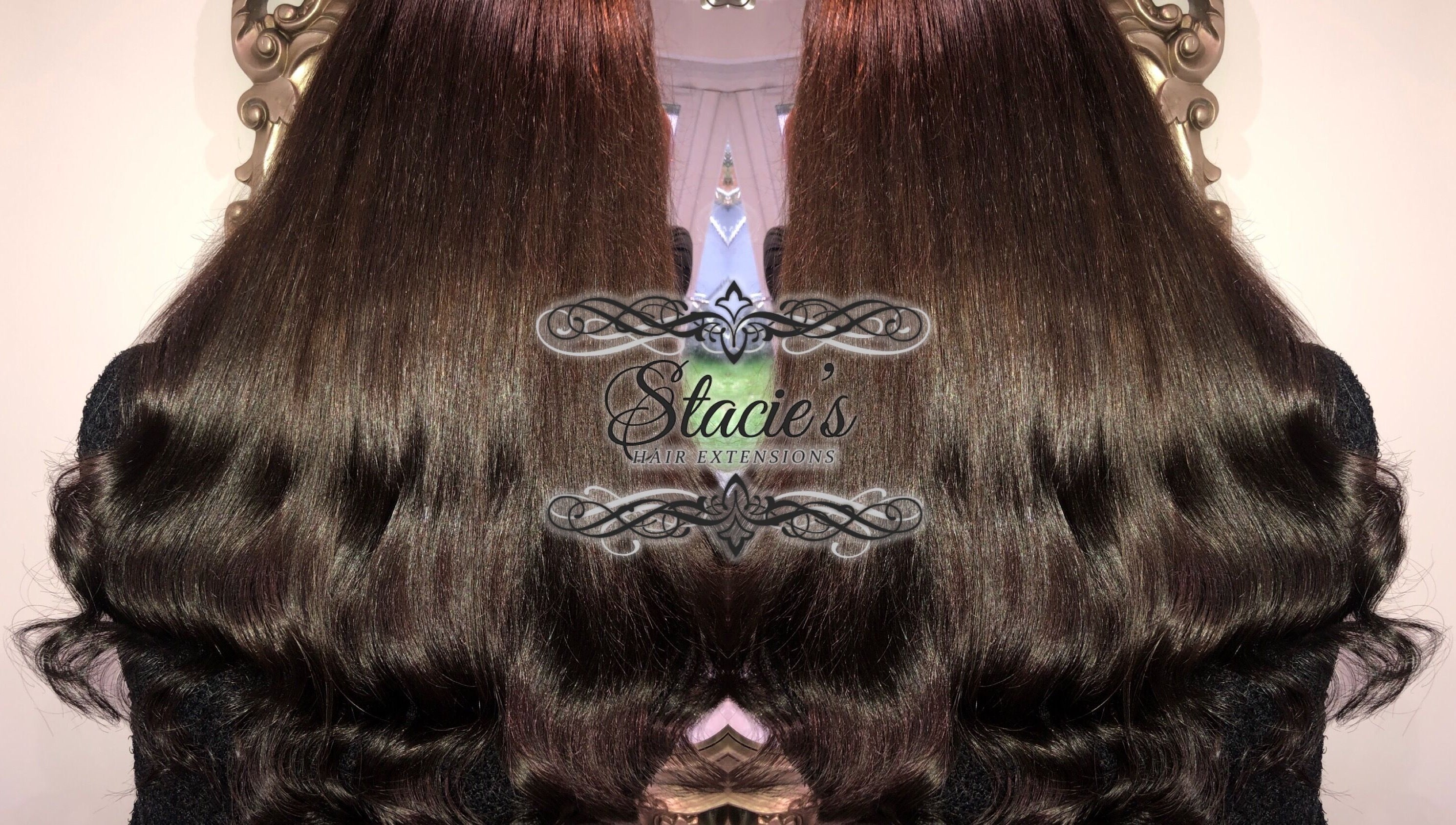 Sleek, long hair extensions at Stacies Hair Extensions, Bradford, England, GB, styled to glossy perfection.