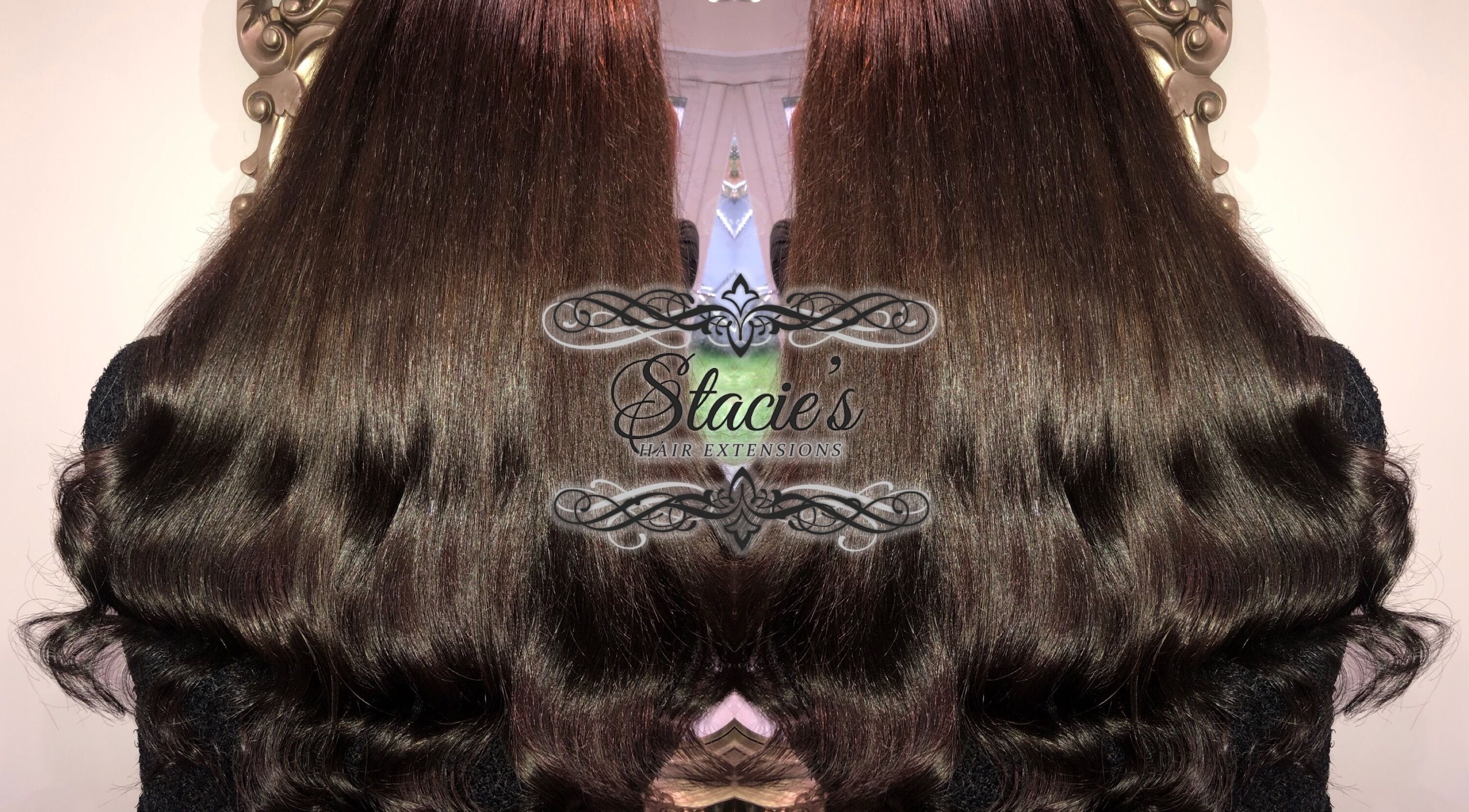 Sleek, long hair extensions at Stacies Hair Extensions, Bradford, England, GB, styled to glossy perfection.