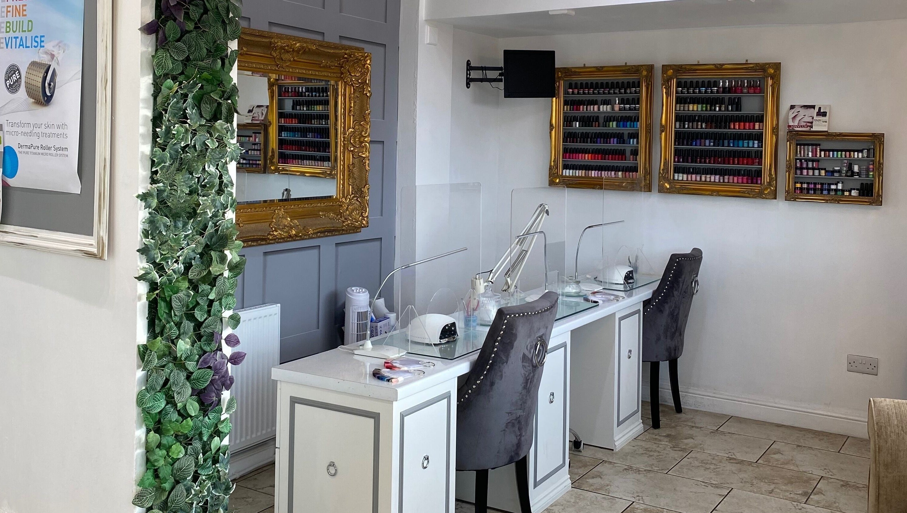 Stylish nail station at Coco Aesthetics & Beauty, Coal Aston, England, GB, with elegant decor and ample polish selection.