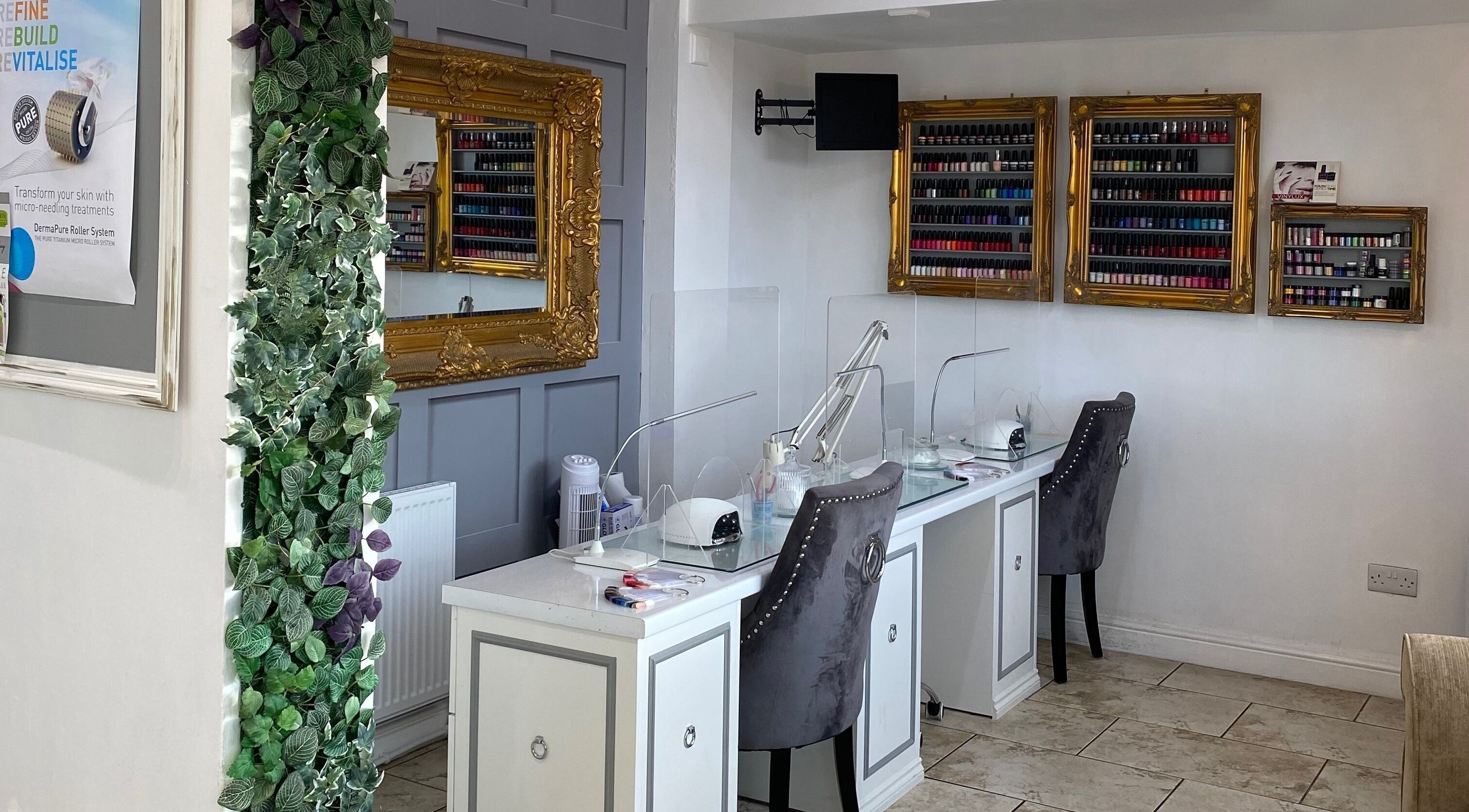 Stylish nail station at Coco Aesthetics & Beauty, Coal Aston, England, GB, with elegant decor and ample polish selection.