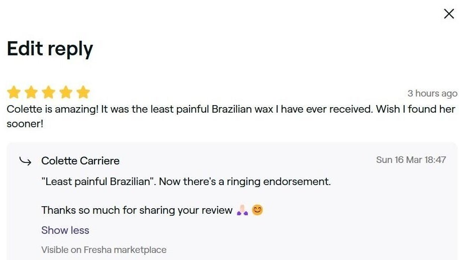 Five-star review for Brazilian wax at Symmetry Skin & Body in Greater Sudbury, Ontario, CA.