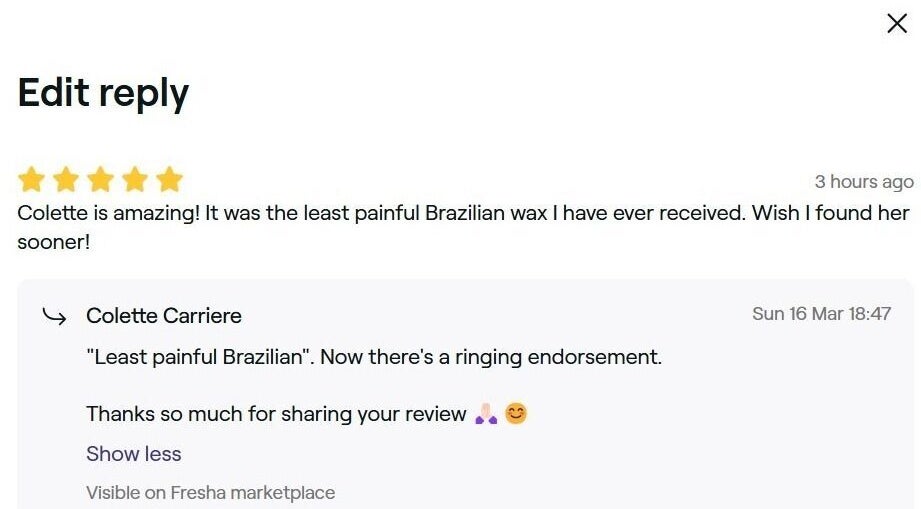 Five-star review for Brazilian wax at Symmetry Skin & Body in Greater Sudbury, Ontario, CA.