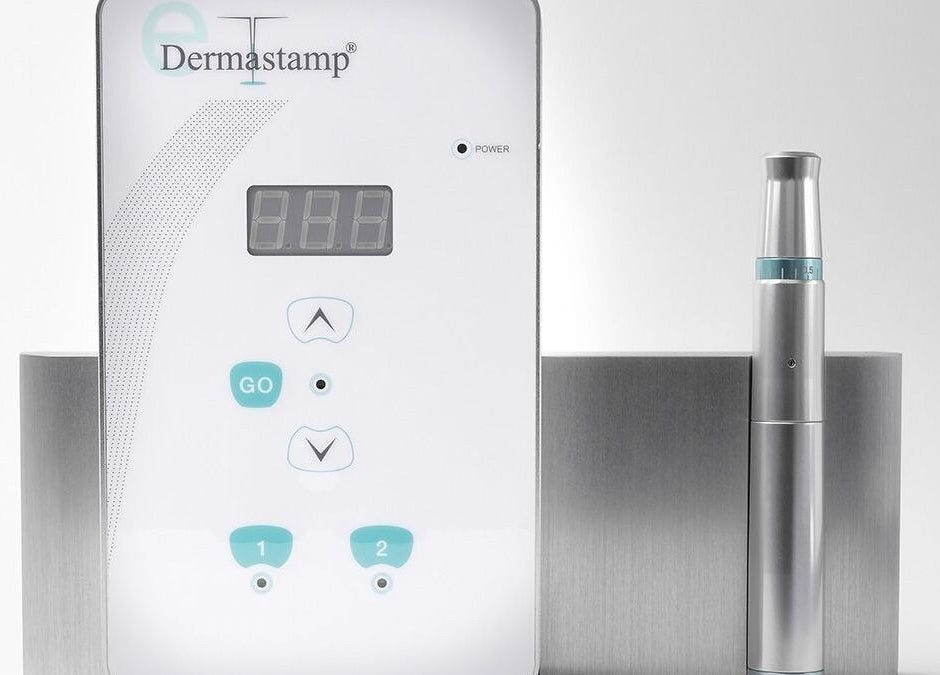 Dermastamp device at Symmetry Skin & Body in Greater Sudbury, Ontario, CA offers advanced skin treatments.