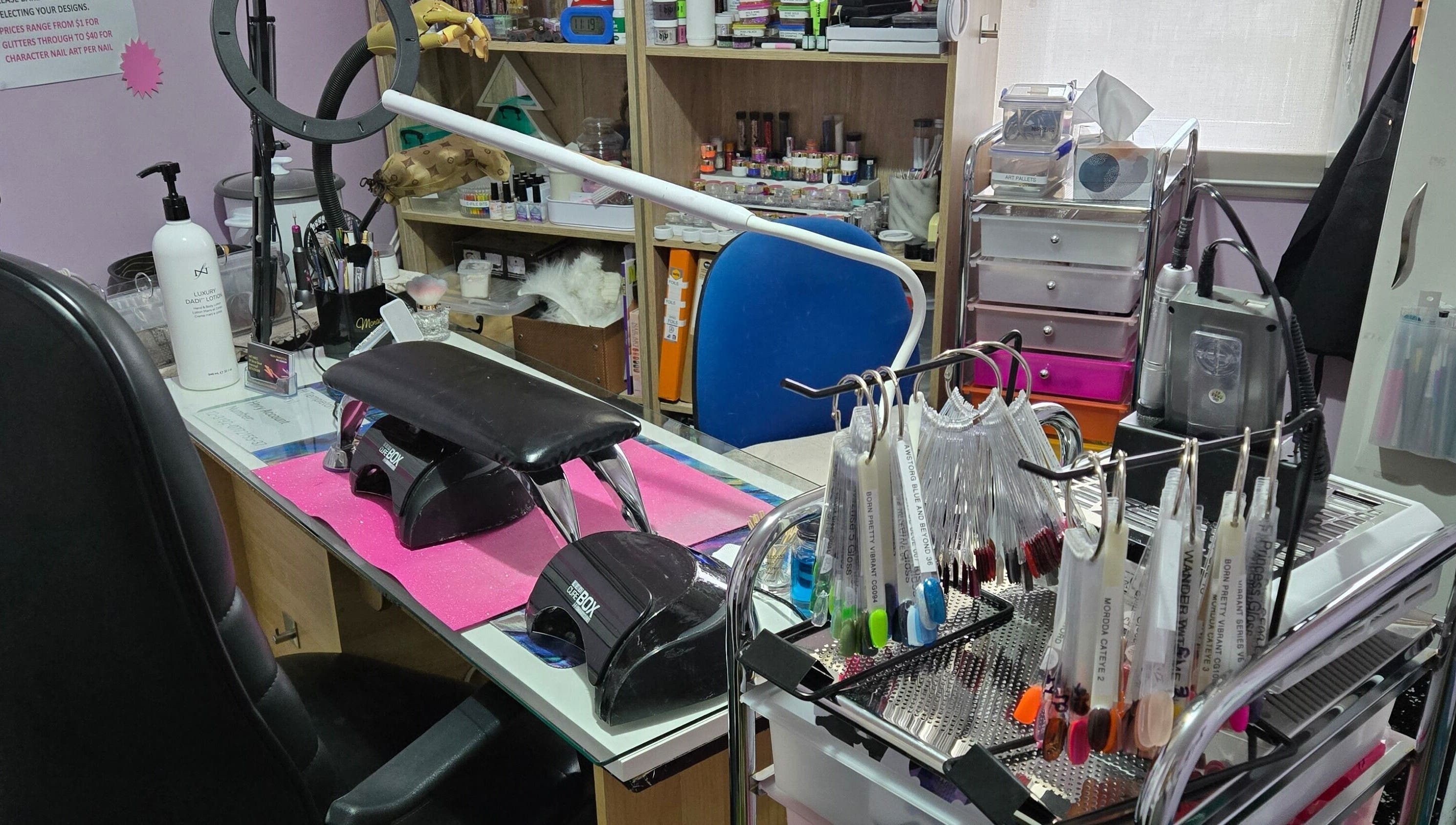 JNT Nails workspace showcasing tools and decor in Invercargill, Southland, NZ, ideal for creative manicures.