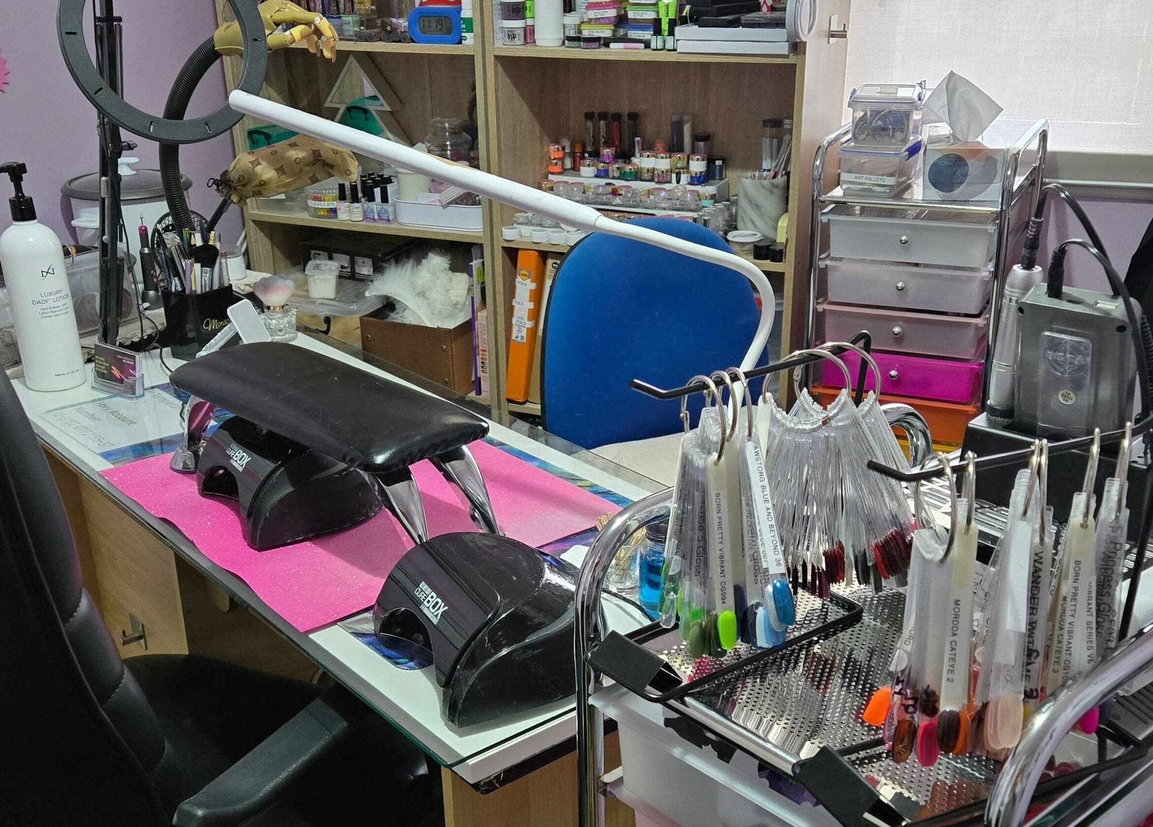 JNT Nails workspace showcasing tools and decor in Invercargill, Southland, NZ, ideal for creative manicures.