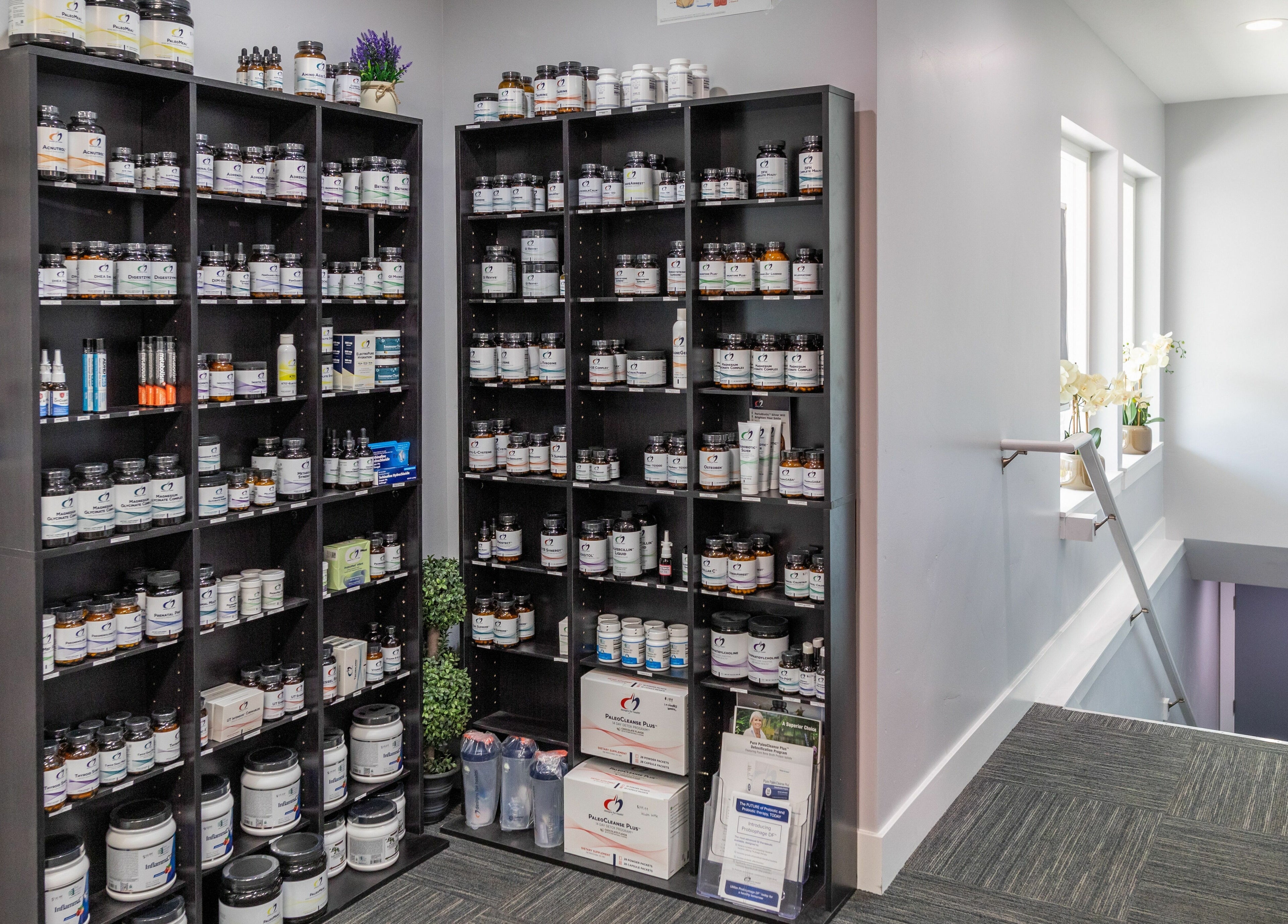 Supplement shelves at Health and Vitality, Orem, Utah, US, showcasing wellness products.
