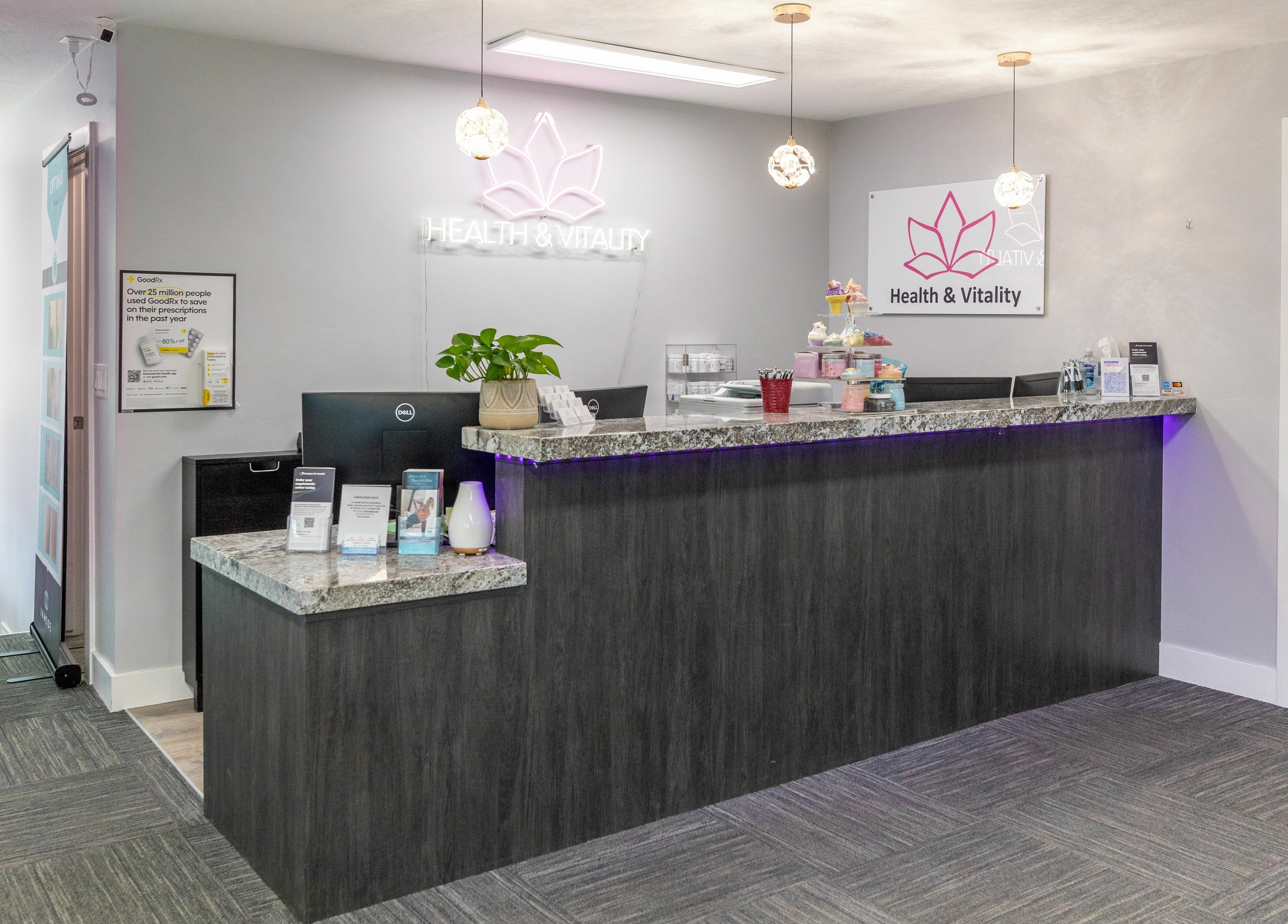 Reception area of Health and Vitality in Orem, Utah, US featuring a modern countertop and welcoming decor.