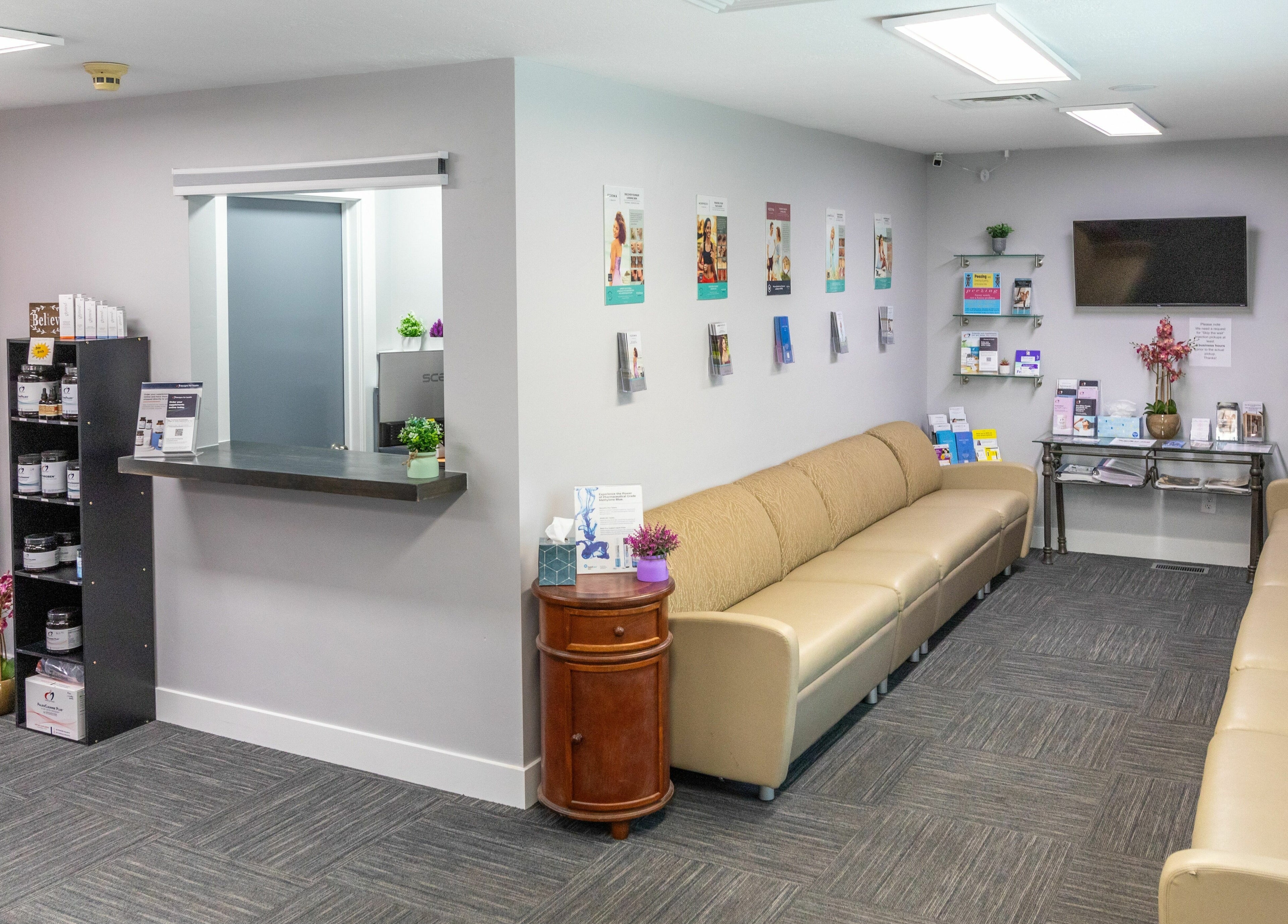 Inviting reception area of Health and Vitality in Orem, Utah, US with comfortable seating and relaxing decor.