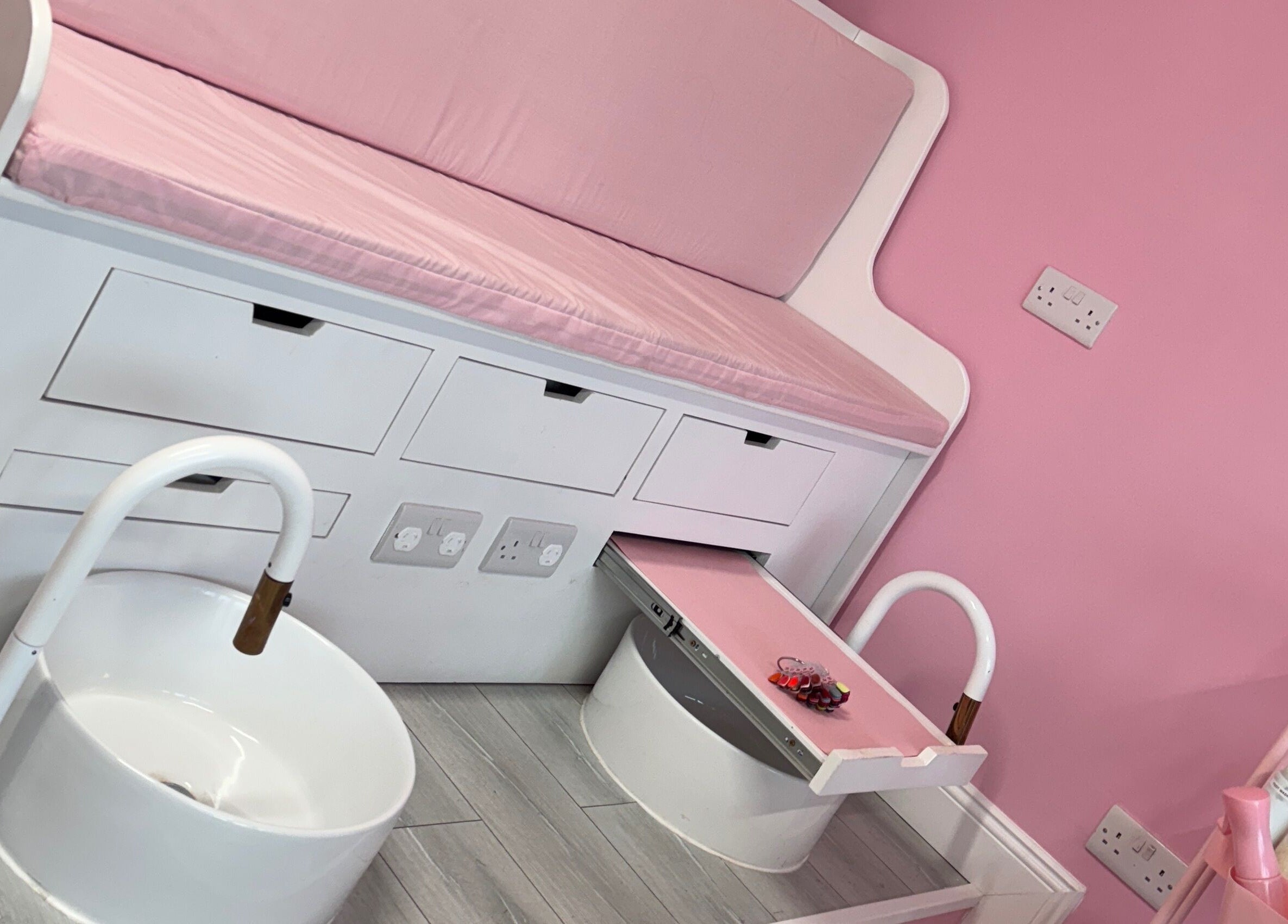 Elegant pink pedicure station at Dazzling Diva Nails in Athenry, IE, perfect for relaxing beauty treatments.