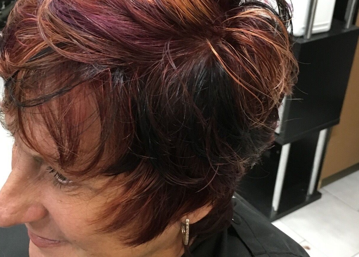 Stylish short hairstyle with rich color at Caboolture cuts & curls, Caboolture, Queensland, AU.