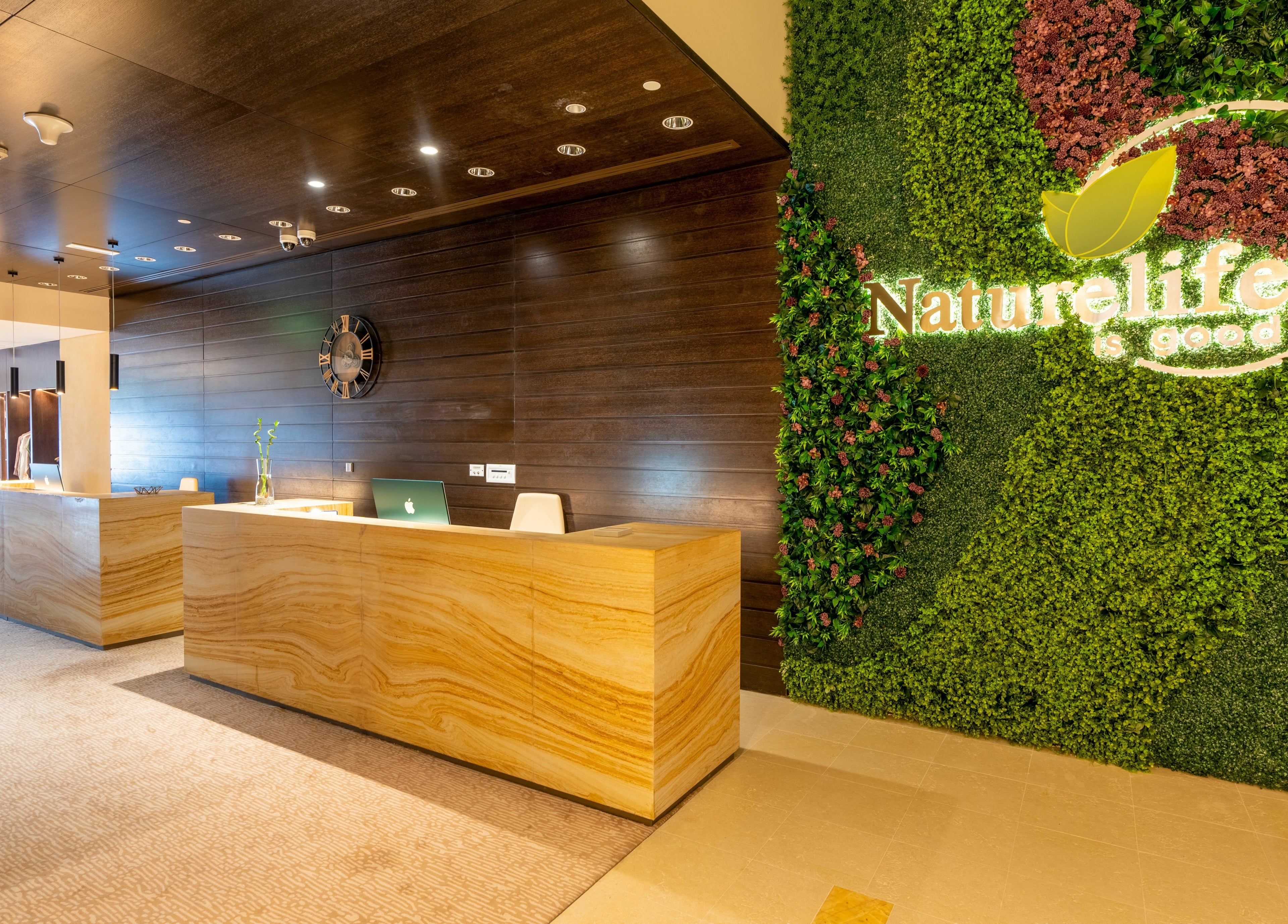 Reception area at Naturelife Spa Rixos Marina Abu Dhabi with lush greenery and elegant decor. Abu Dhabi, AE.