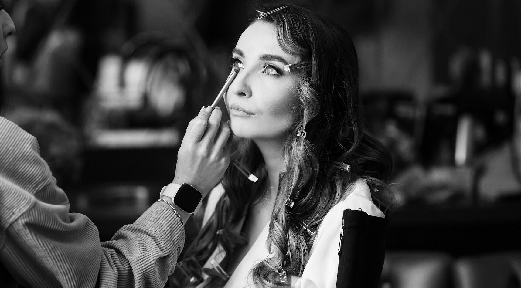 Makeup artist at work at Rachael Hunter Makeup, East Kilbride, Scotland, GB.