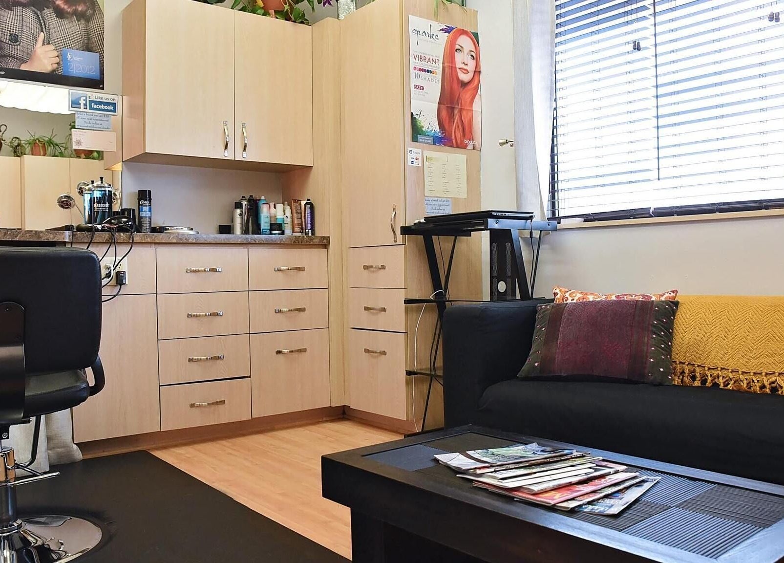 Modern salon interior at A.L. Studios, Madison, Wisconsin, US with stylish decor and cozy seating.