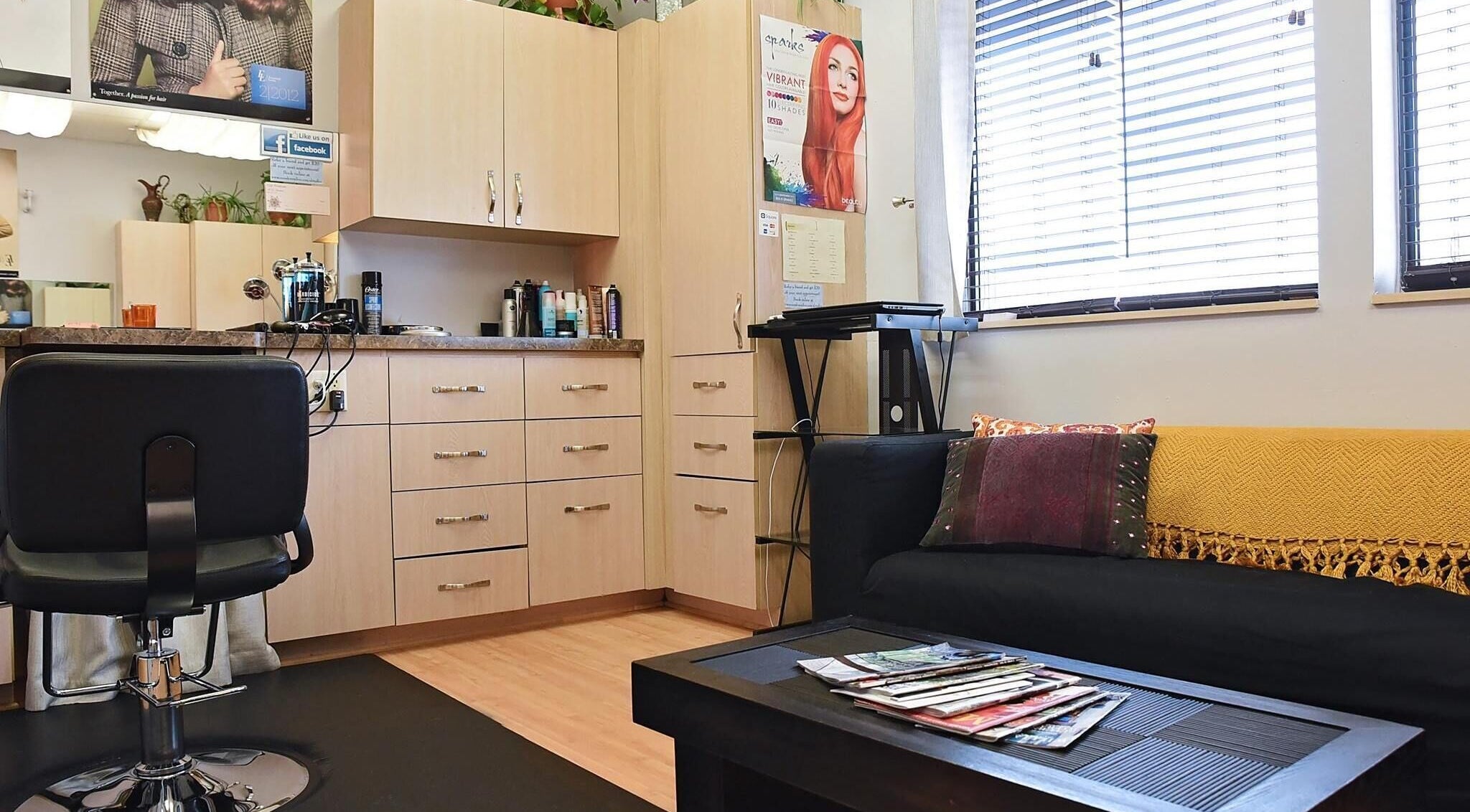 Modern salon interior at A.L. Studios, Madison, Wisconsin, US with stylish decor and cozy seating.