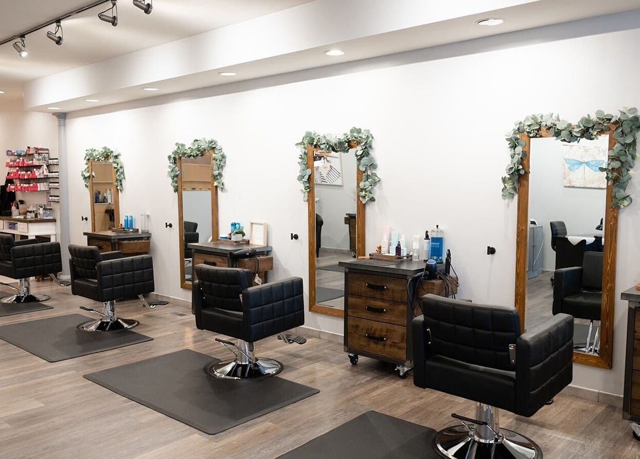 Modern hair styling stations at Expressions Hair Studio, Reading, Massachusetts, US.