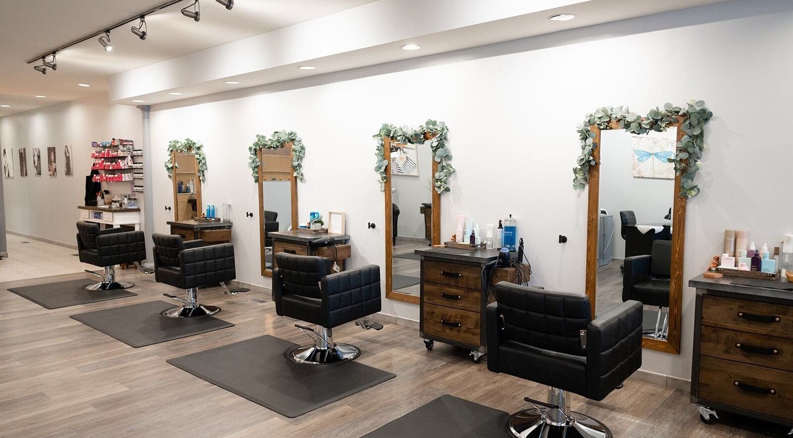 Modern hair styling stations at Expressions Hair Studio, Reading, Massachusetts, US.
