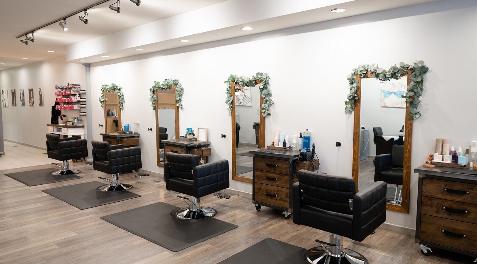Modern hair styling stations at Expressions Hair Studio, Reading, Massachusetts, US.
