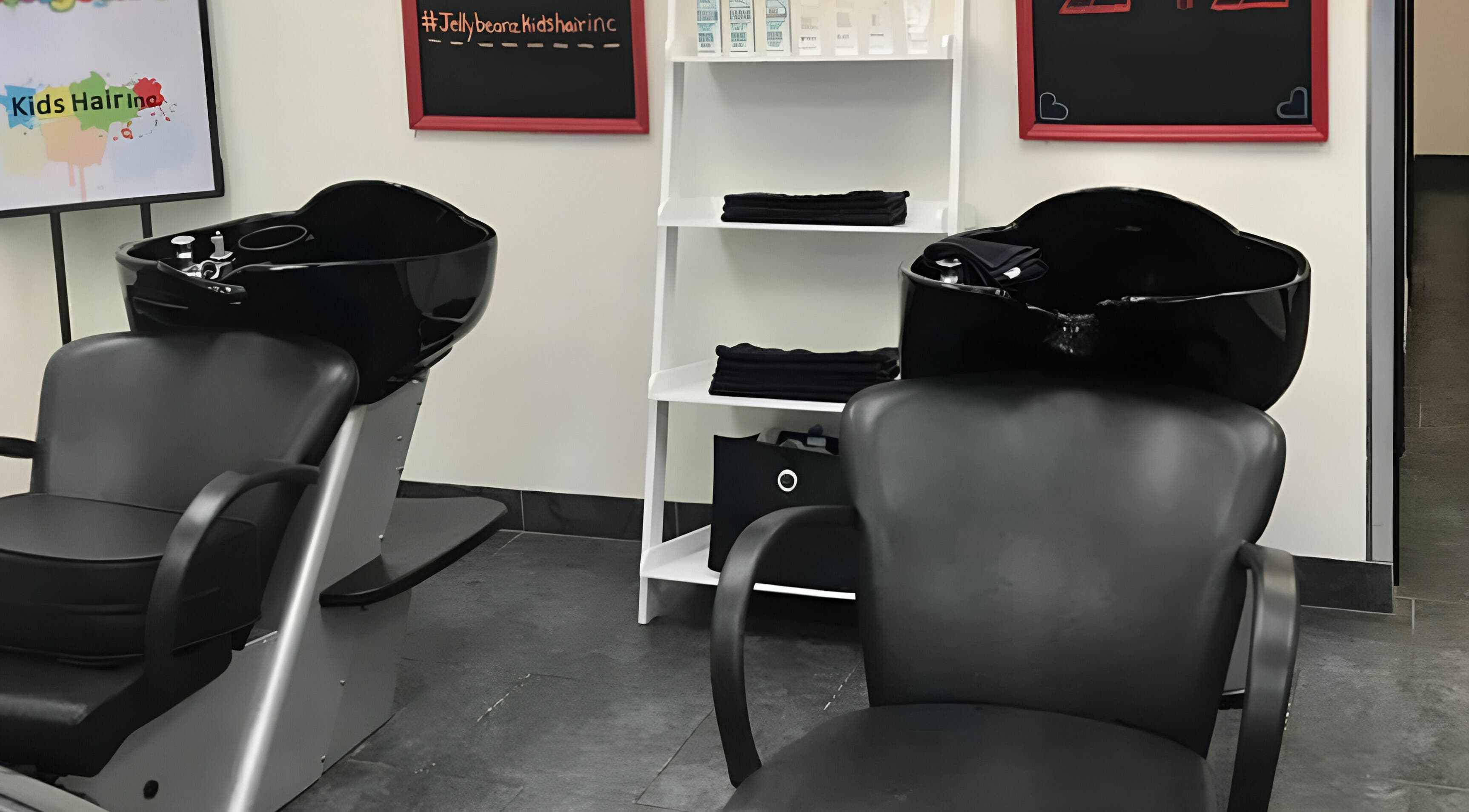 Modern salon chairs at Jellybeanz Kids Hair Inc, Spruce Grove, Alberta, CA, showcasing a sleek design.