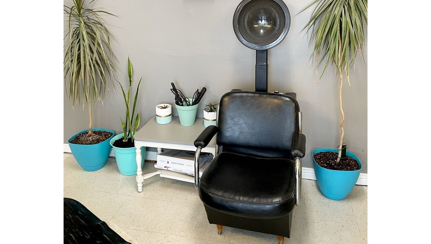 Comfy salon chair with plants at Hair Tracks, Oshawa, Ontario, CA.