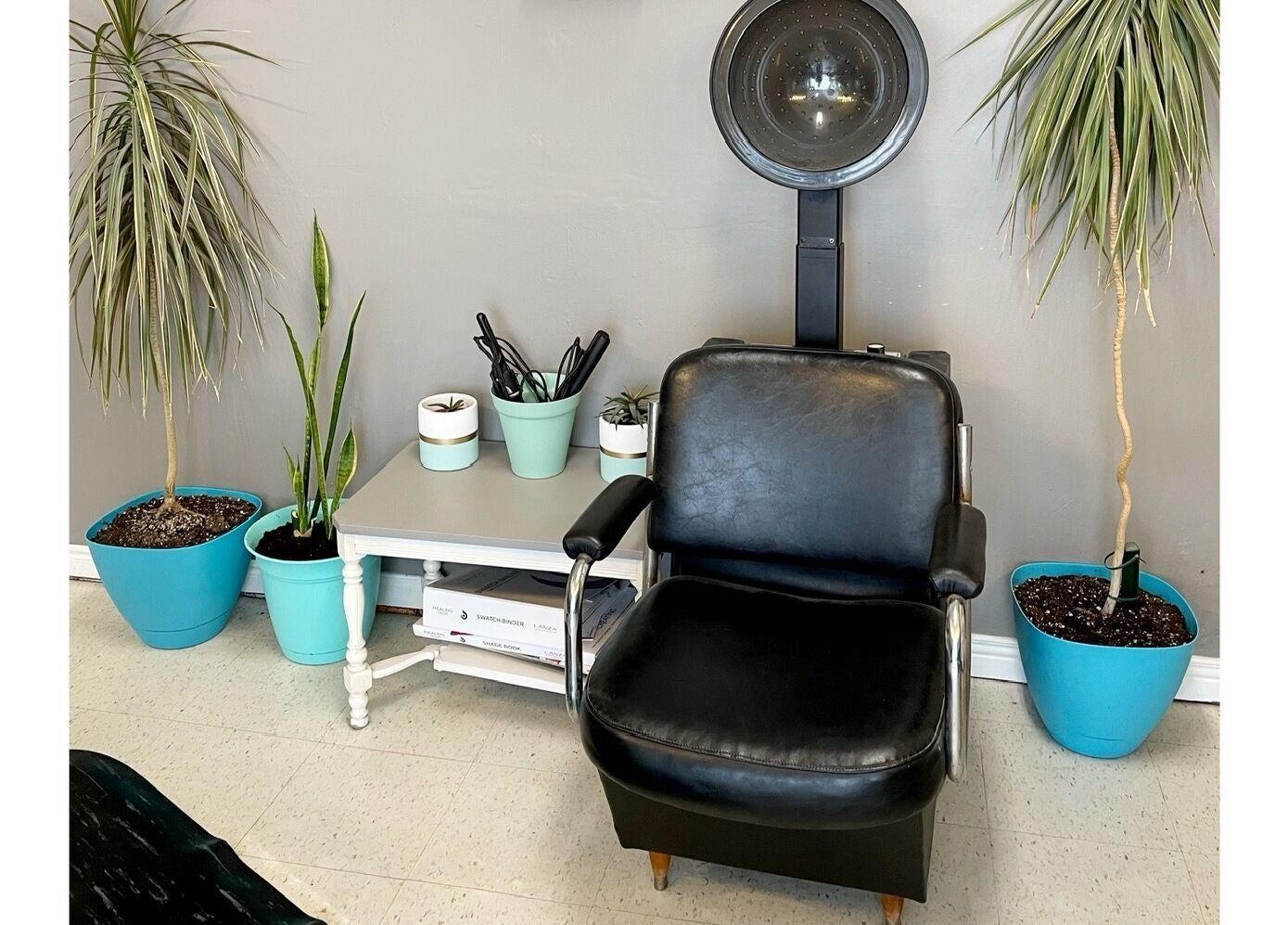 Comfy salon chair with plants at Hair Tracks, Oshawa, Ontario, CA.
