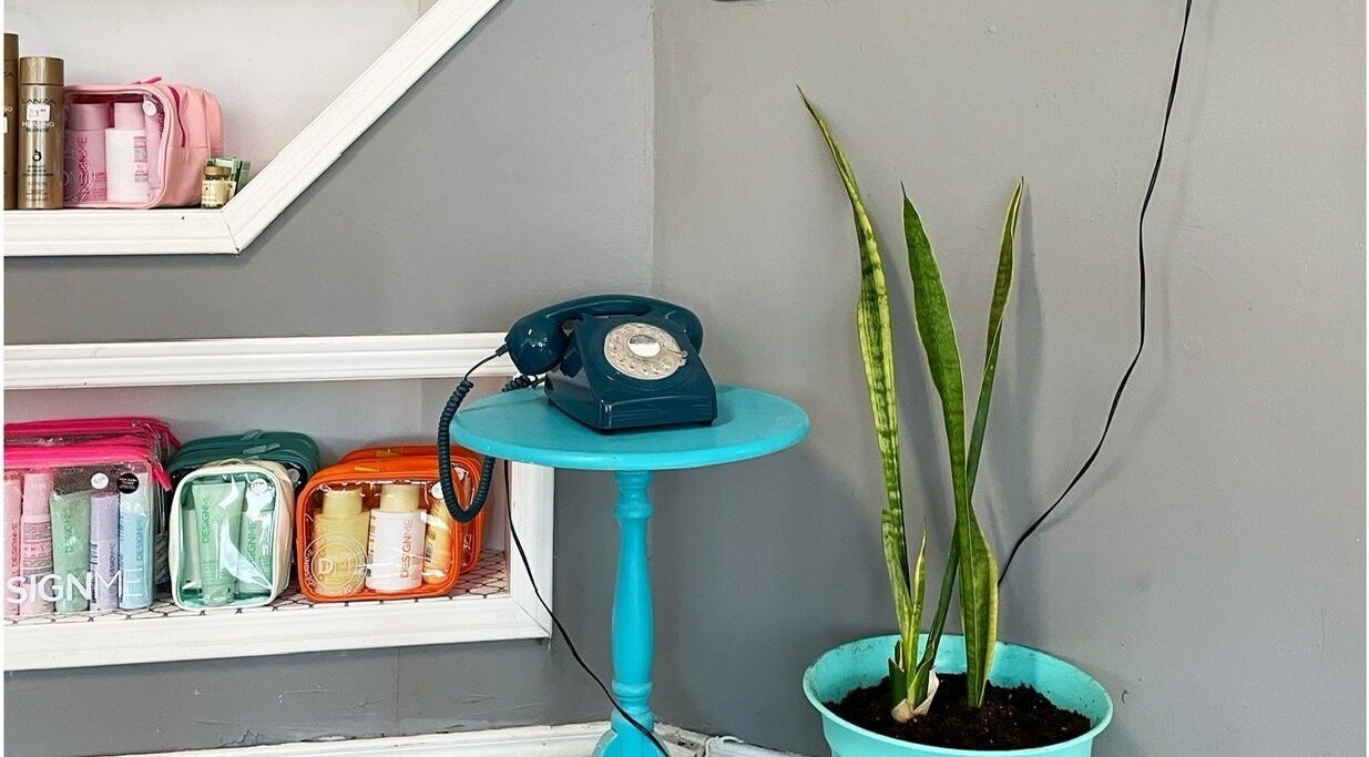 Retro phone and plant on display at Hair Tracks, Oshawa, Ontario, CA, showcasing unique salon decor elements.