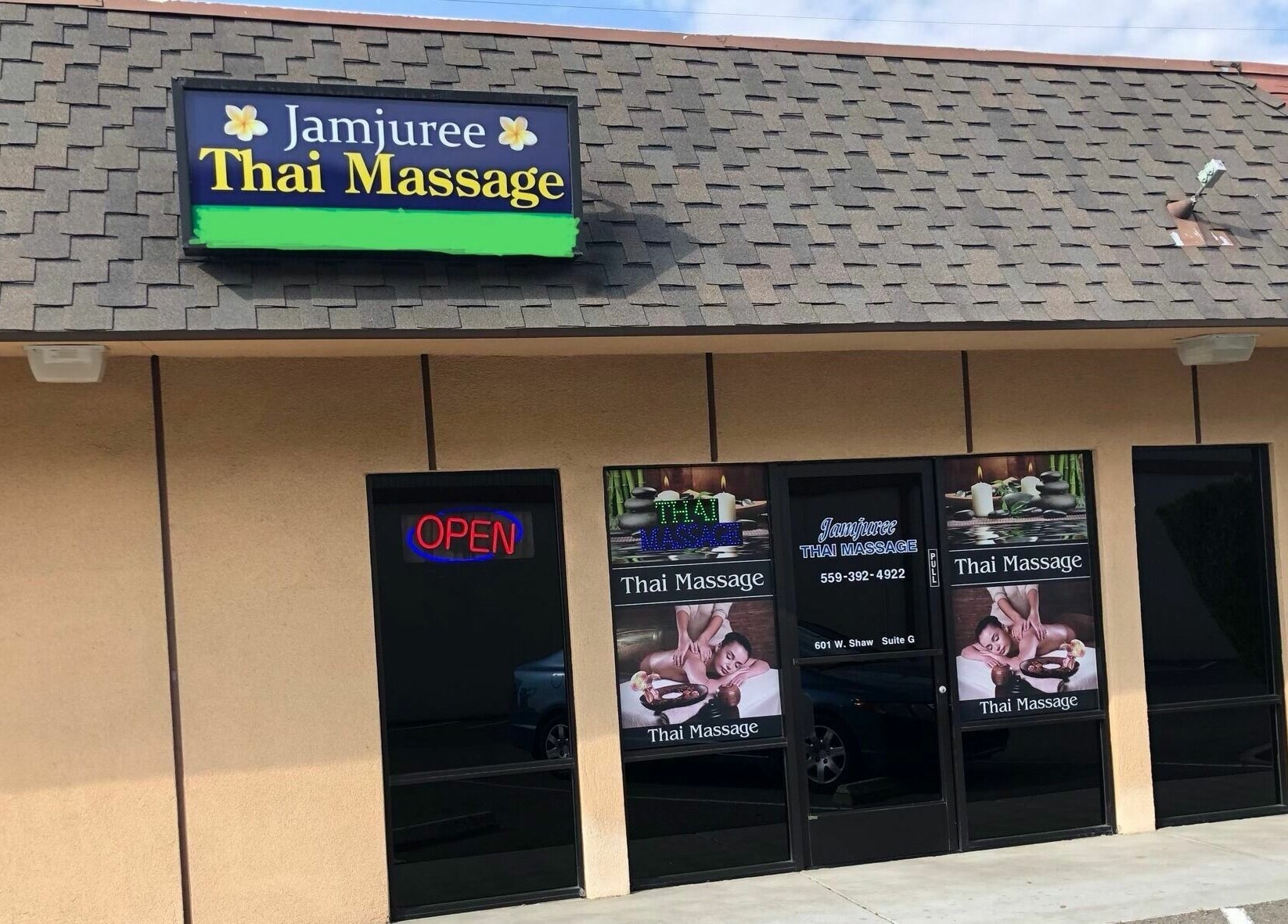 Facade of Jamjuree Massage in Clovis, California, US, showcasing welcoming signage and entrance.