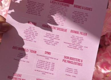 Service menu at Club Beauté in Lee-on-the-solent, England, GB offers diverse beauty treatments.