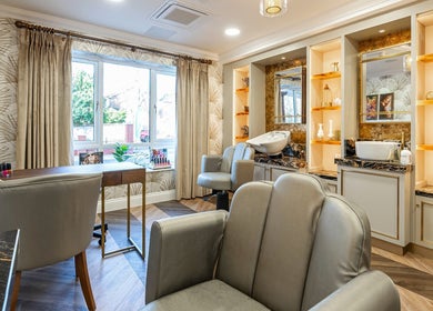 luxurious interior of Karismha Health & Beauty Salon, Hatch End, located in Pinner, England, GB. Chic and serene.