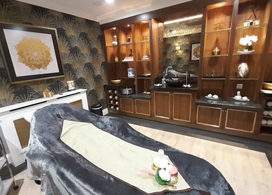 Relaxing treatment room at Karismha Health & Beauty Salon, Hatch End, Pinner, England, GB with elegant decor.