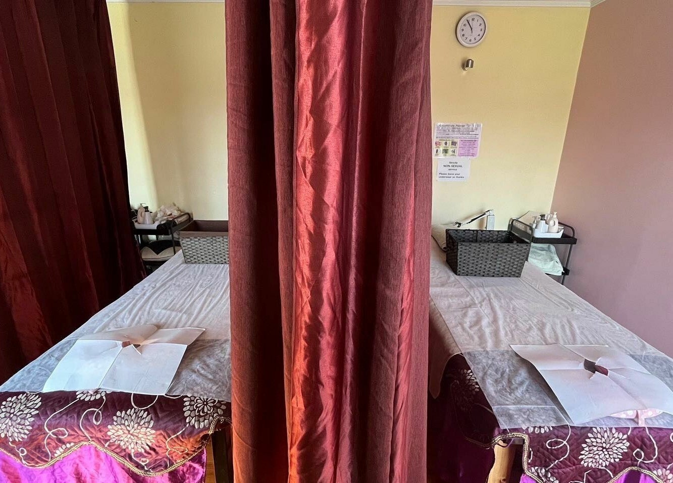 Massage tables with rich drapes at RTC Golden Point, Golden Point, Victoria, AU for ultimate relaxation.