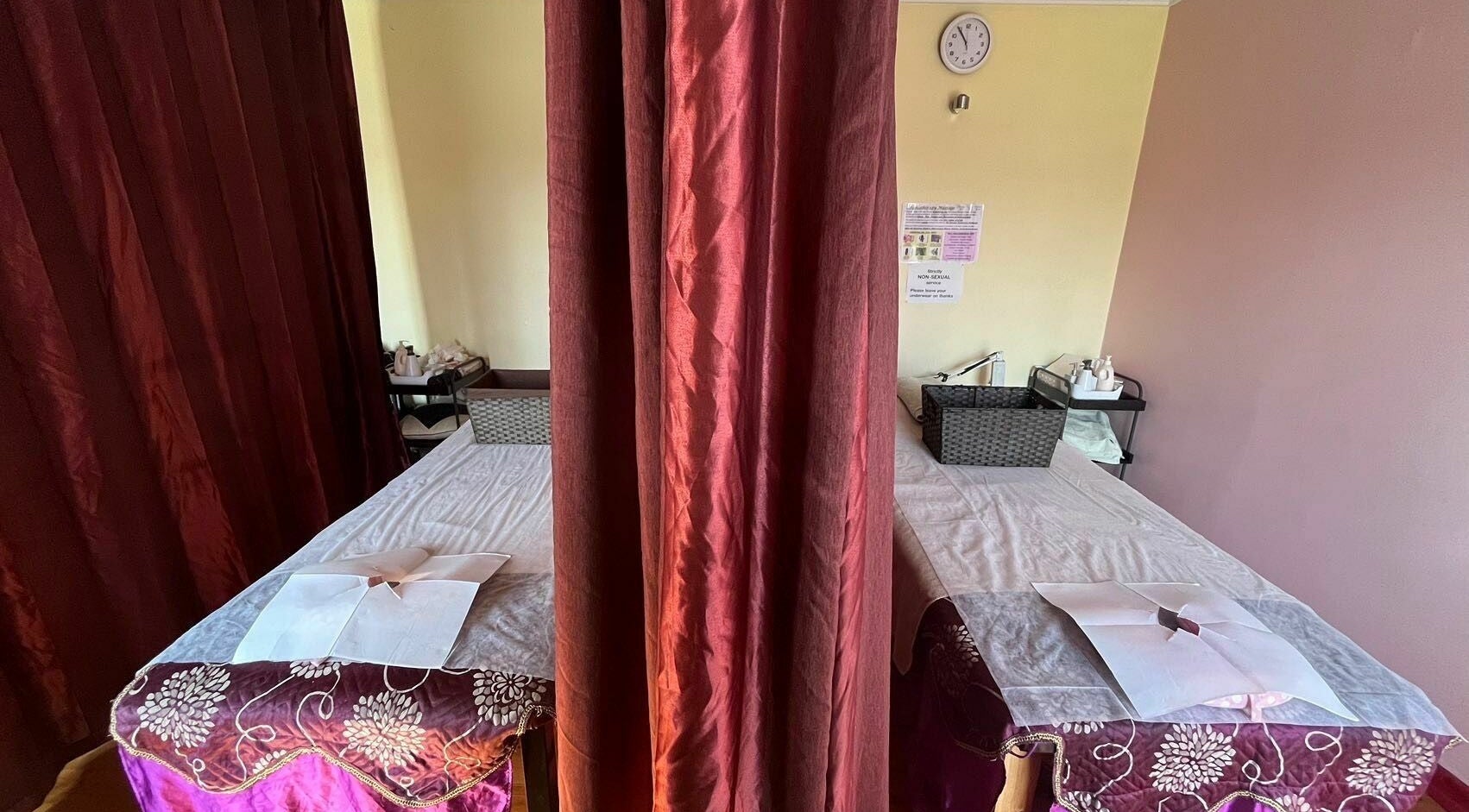 Massage tables with rich drapes at RTC Golden Point, Golden Point, Victoria, AU for ultimate relaxation.