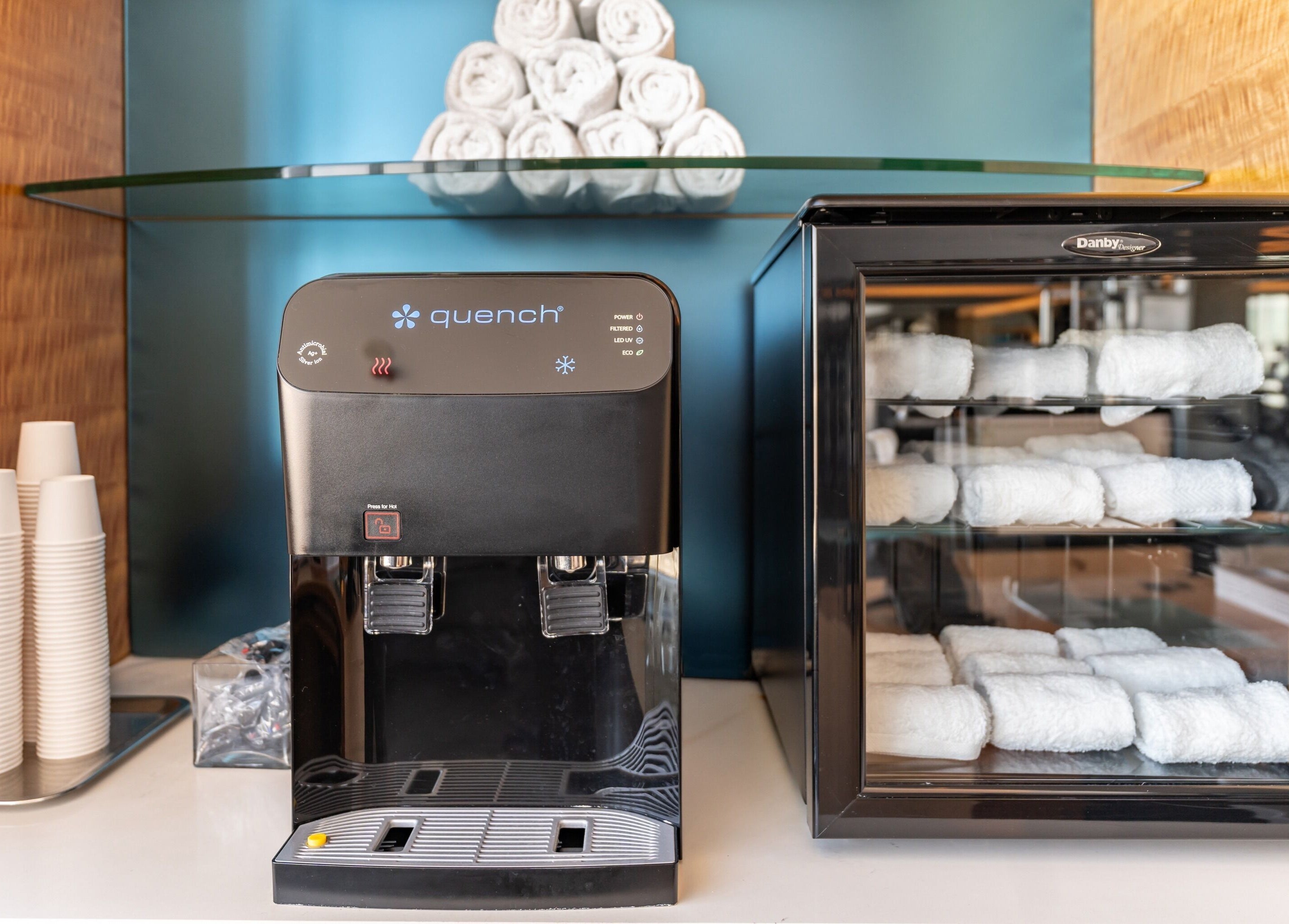 Refreshment and towel station at Altispa - Montreal Airport - Marriott, Dorval, Québec, CA.