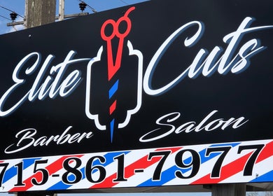 Elite Cuts Barber Salon sign with scissors logo in Chippewa Falls, Wisconsin, US.