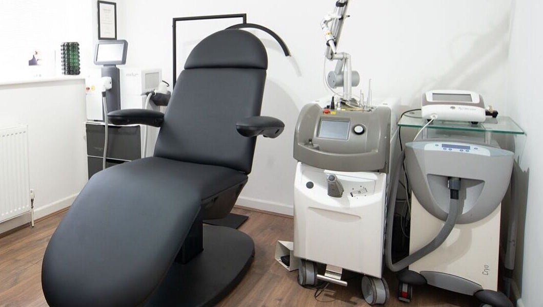 Modern laser treatment room at Erase That Ink, Newton Abbot, England, GB. Equipped for tattoo removal.