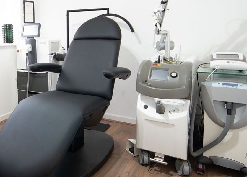 Modern laser treatment room at Erase That Ink, Newton Abbot, England, GB. Equipped for tattoo removal.