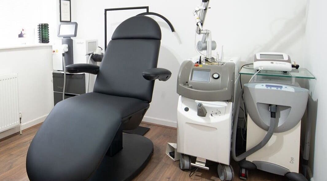 Modern laser treatment room at Erase That Ink, Newton Abbot, England, GB. Equipped for tattoo removal.