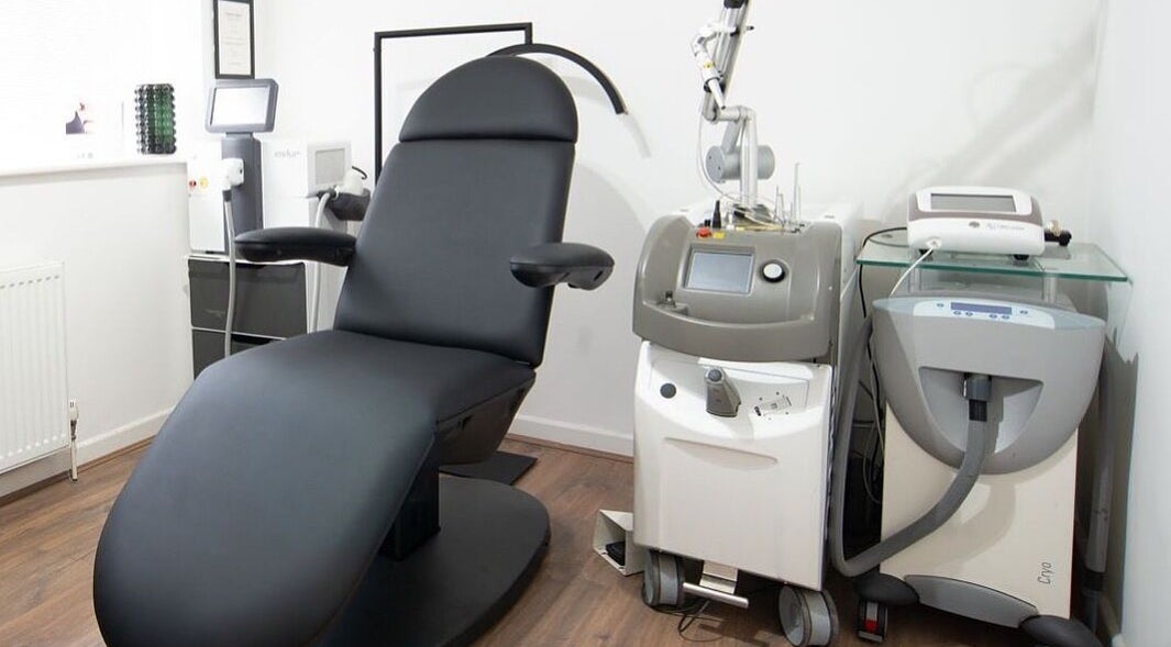 Modern laser treatment room at Erase That Ink, Newton Abbot, England, GB. Equipped for tattoo removal.